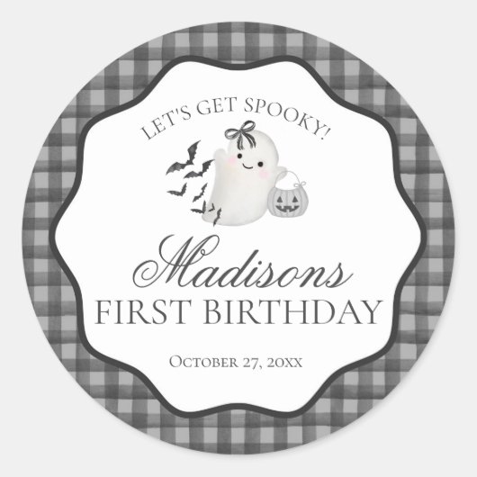Black Gingham Little Boo Ghost Birthday Party Seal Ronde Sticker (Voorkant)