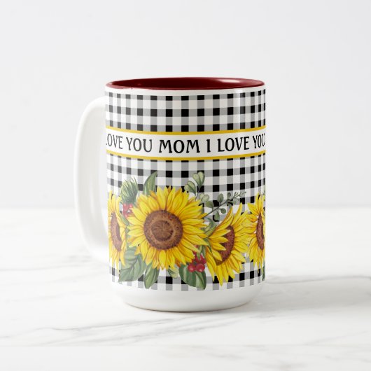 Black Gingham Sunflower Creëer Uw eigen zin Tweekleurige Koffiemok (Voorkant links)