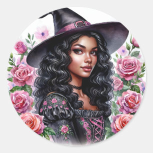 Black Girl Bubblegum Witch Pink-o-ween Ronde Sticker