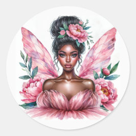 Black Girl Fairy Pink Peonies Waterverf Ronde Sticker