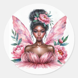 Black Girl Fairy Pink Peonies Waterverf Ronde Sticker