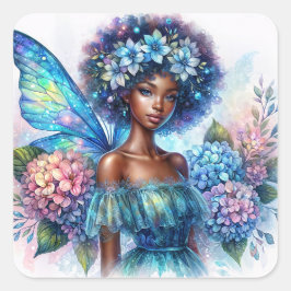 Black Girl Fairy with Afro and Blue Hydrangeas Vierkante Sticker