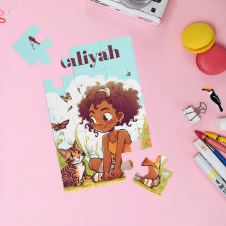 Black Girl Jouer avec un nom de chat Puzzle