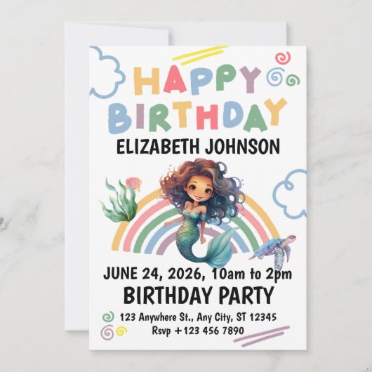Black Girl Mermaid Birthday Invitation in White (Devant)