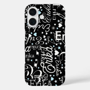 Black Girly Kalligrafie Typografie Naam Patroon iPhone 16 Hoesje