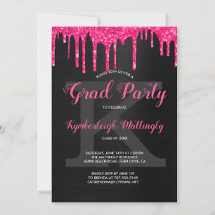 Black Glam Hot Pink Glitter Drift Graduparty Kaart