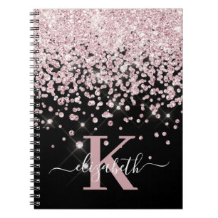 Black Glam Roos Gold Glitter Diamond Monogram Notitieboek