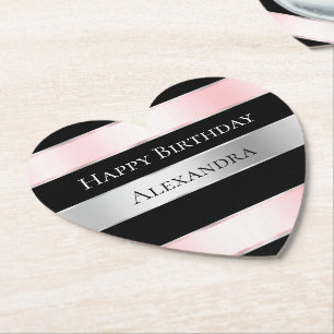 Black Glam Silver Blush Pink Ribbon Verjaardag Kartonnen Onderzetters