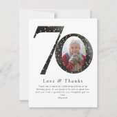 Black Glitter 70th Birthday Foto Bedankkaart (Voorkant)