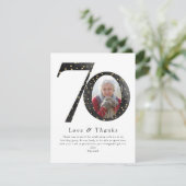 Black Glitter 70th Birthday Foto Bedankkaart (Staand voorkant)