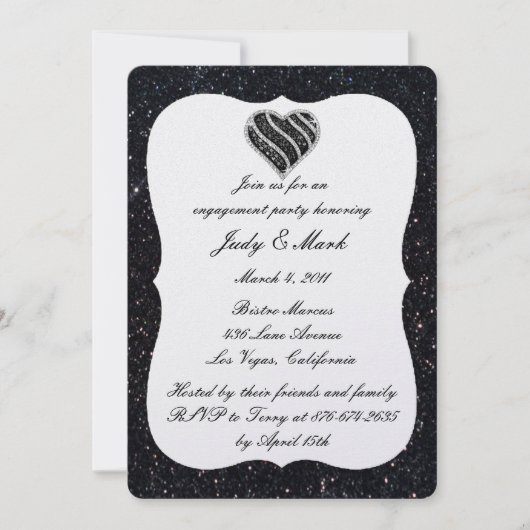 Black Glitter Black Heart Engagement Party uitnodi Kaart (Voorkant)