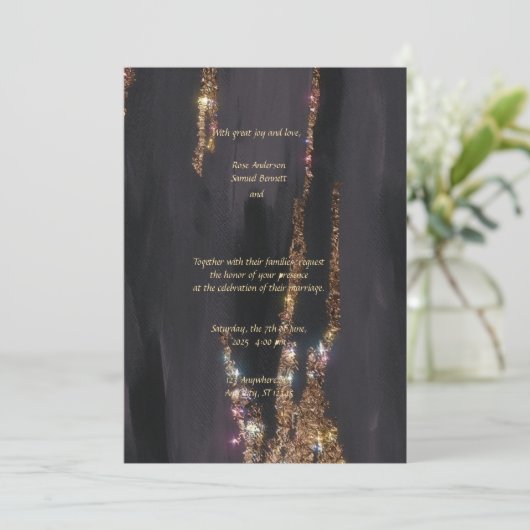 Black Glitter bruiloft uitnodiging (Staand voorkant)