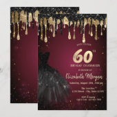 Black Glitter Drips Black Dress Dark Red 60th  Kaart (Voorkant / Achterkant)