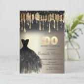 Black Glitter Drips Zwart Jurk Goud 100th Kaart (Staand voorkant)