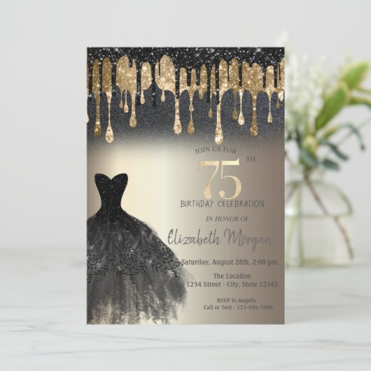 Black Glitter Drips Zwart Jurk Goud 75e Kaart (Staand voorkant)