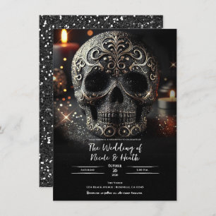 Black Glitter Glam Sparkle Skull Gothic Wedding Kaart