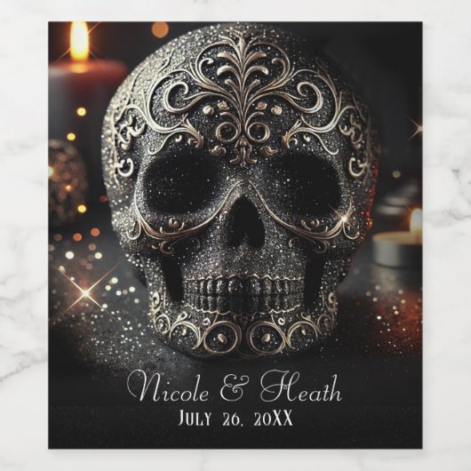 Black Glitter Glam Sparkle Skull Gothic Wijn Etiket (Enkel label)