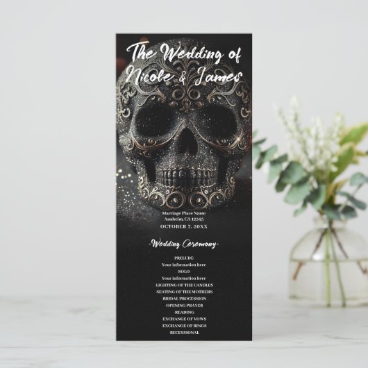 Black Glitter Glam Sparkle Skull Wedding Program Programma (Staand voorkant)