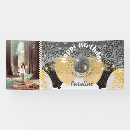 Black Glitter & Glitter Ballonnen Sweet 16 Verjaar Spandoek (Horizontaal)