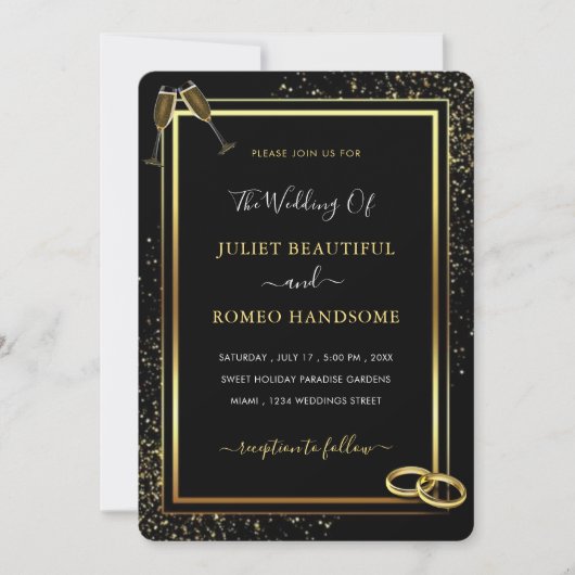 Black Glitter Gold Wedding Invitation voorbeeld (Voorkant)