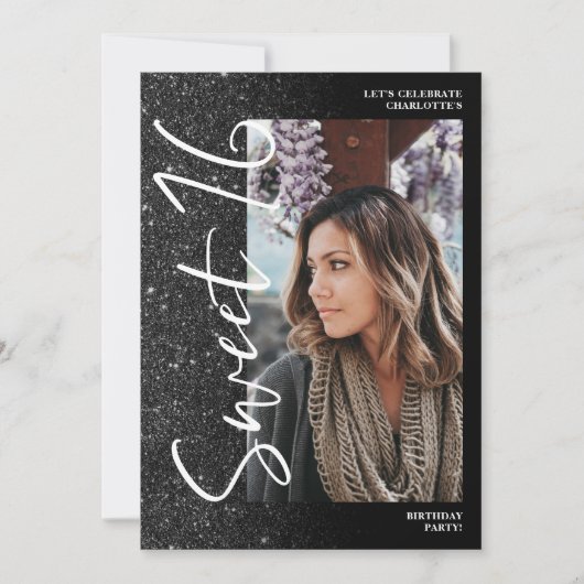 Black glitter ombre script 4 foto's Sweet 16 Kaart (Voorkant)