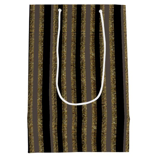 Black Glittery Gold Vertical Stripes Medium Cadeauzakje (Achterkant)