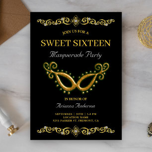 Black Gold 16th Birthday Masquerade Sweet Sixteen Kaart