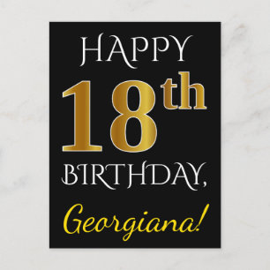 Black, Gold 18th Birthday + Custom Name Briefkaart