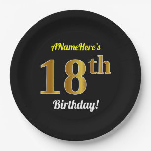Black, Gold 18th Birthday + Custom Name Papieren Bordje
