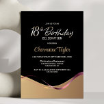 Black Gold 18th Birthday Party Invitation<br><div class="desc">Cette invitation moderne à la fête du 18ème anniversaire, en noir et or, dégage une élégance et une sophistication simples. Son design se décline en noir et or, séparé par une vague fluide et un ruban rose élégant qui coule d'un côté à l'autre. La zone de texte personnalisable vous permet...</div>