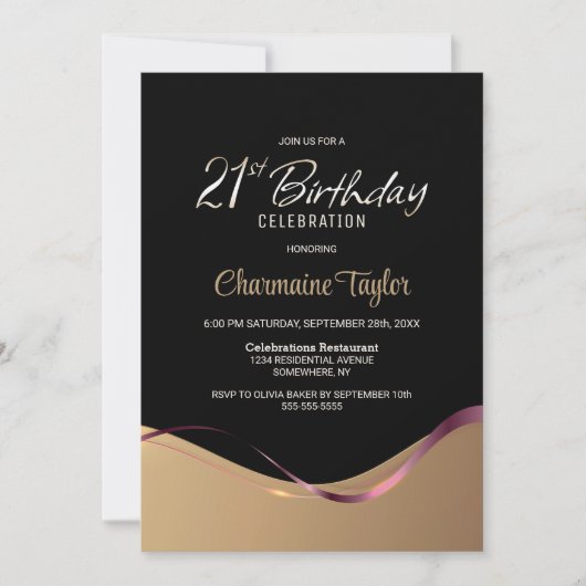 Black Gold 21st Birthday Party Invitation (Devant)
