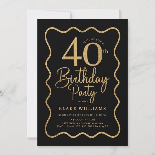 Black Gold 40th Birthday Wavy Border Kaart (Voorkant)