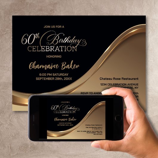 Black Gold 60th Birthday Party Invitation
