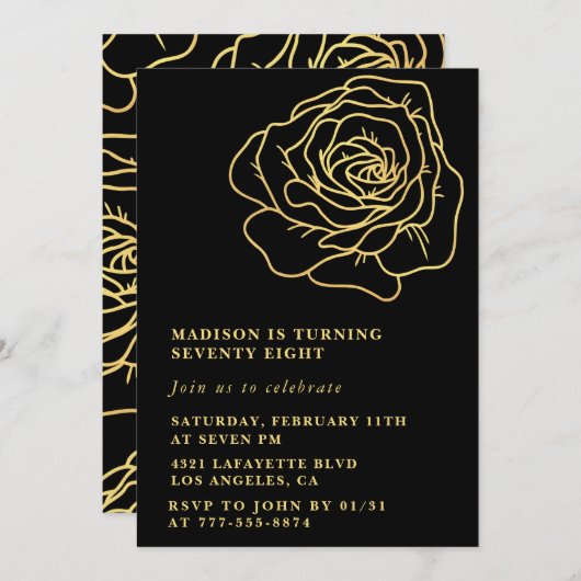 Black Gold 78e anniversaire invitations Floral (Devant / Derrière)