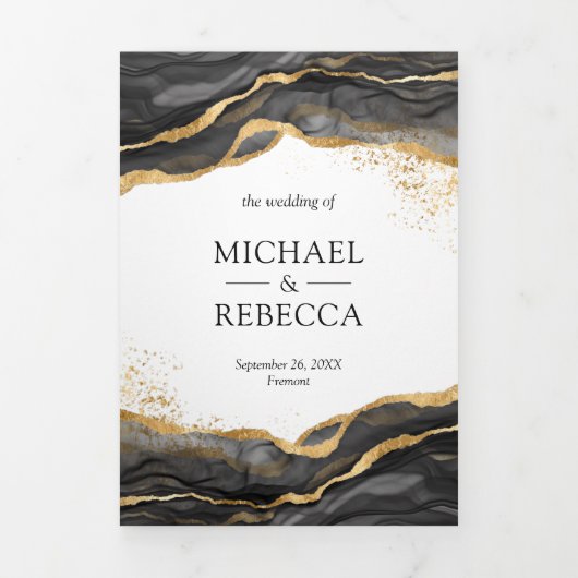 Black Gold Abstract Ink QR Code Weddenschap Drieluik Uitnodiging (Cover)