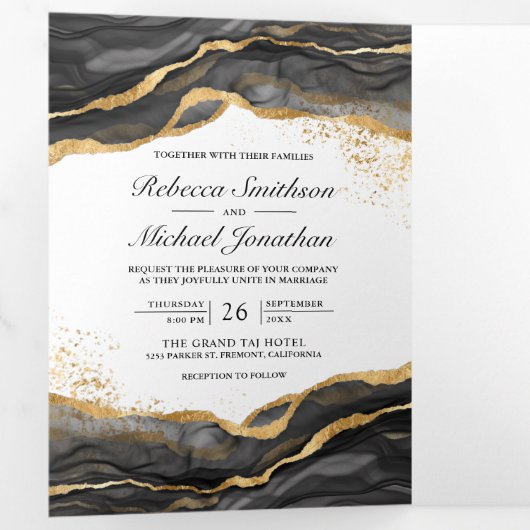 Black Gold Abstract Ink QR Code Weddenschap Drieluik Uitnodiging (Binnenzijde eerst)