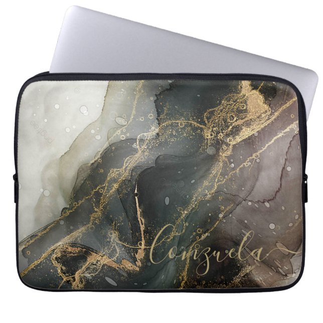 Black Gold Abstracte marmer Laptop Sleeve (Voorkant)