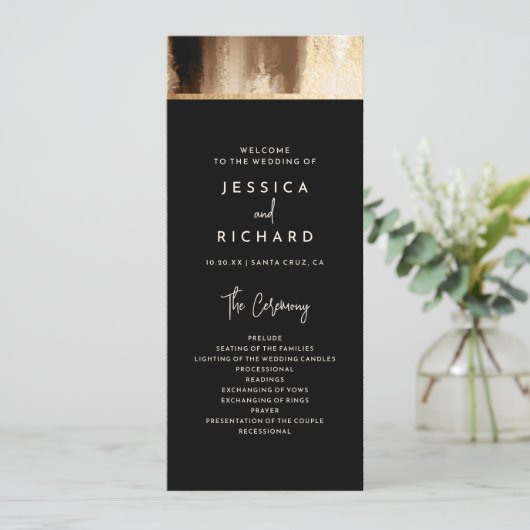 Black & Gold Abstrait Watercolor Wedding Programme (Debout devant)