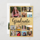Black & Gold Afstuderen 14 Photo Collage Afstudere Aankondigingskaart (Voorkant / Achterkant)