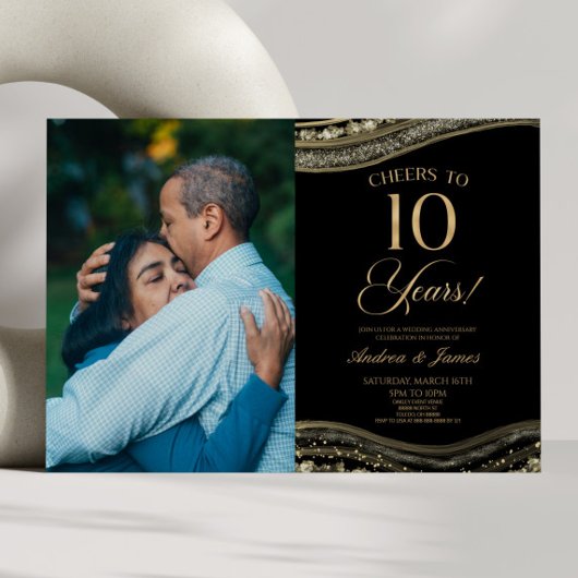 Black Gold Agate 10th Wedding Anniversary Party Kaart