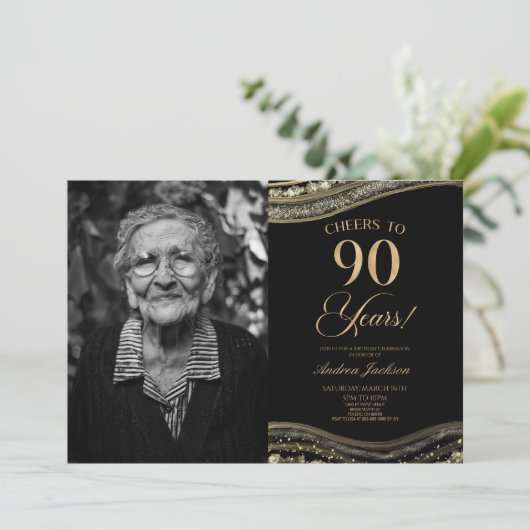 Black Gold Agate Afbeelding 90e verjaardagsfeestje Kaart (Staand voorkant)