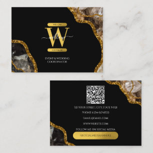Black Gold Agate Geode Glitter Monogram QR Code Visitekaartje
