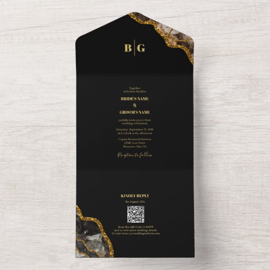 Black & Gold Agate Geode Glitter Wedding All In One Uitnodiging (Binnen)