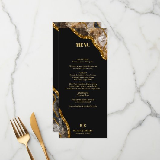 Black & Gold Agate Geode Glitter Wedding Menu (Voorkant / Achterkant in situ)