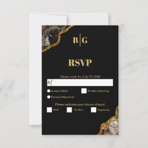 Black & Gold Agate Geode Glitter Wedding RSVP Kaartje
