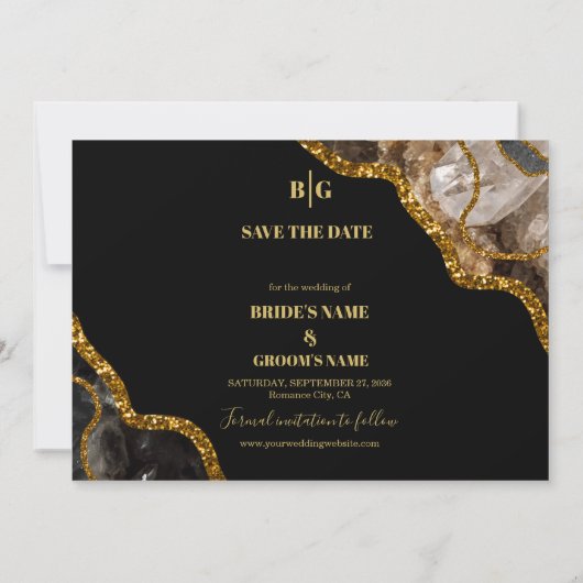 Black & Gold Agate Geode Glitter Wedding Save The Date (Achterkant)