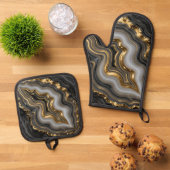 Black Gold Agate Geode Luxury Marble Ovenwant & Pannenlap Set (Top down)
