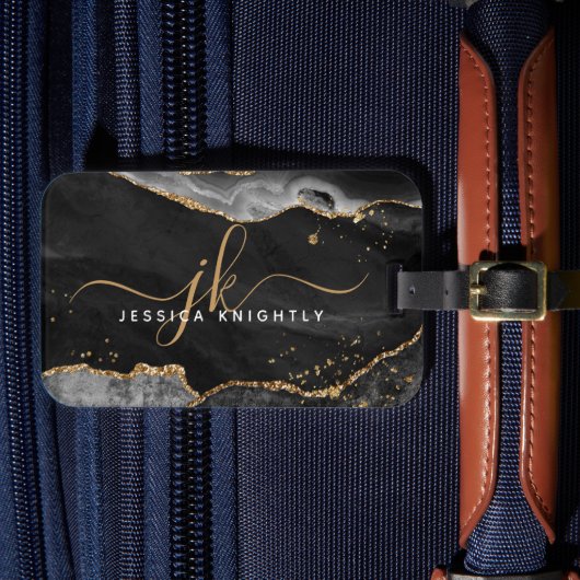 Black Gold Agate Geode Script Initialen Monogram Bagagelabel (Voorkant Insitu 4)