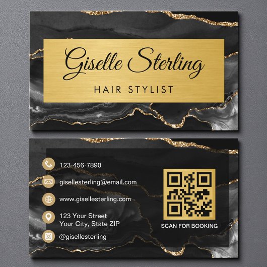Black Gold Agate Hair Stylist Glitter QR Code Visitekaartje