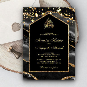 Black Gold Agate Marble Arch Muslim Wedding Kaart